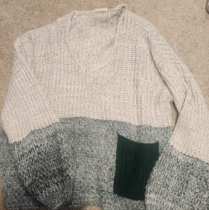 Elegant Gray and Green V-Neck Sweater